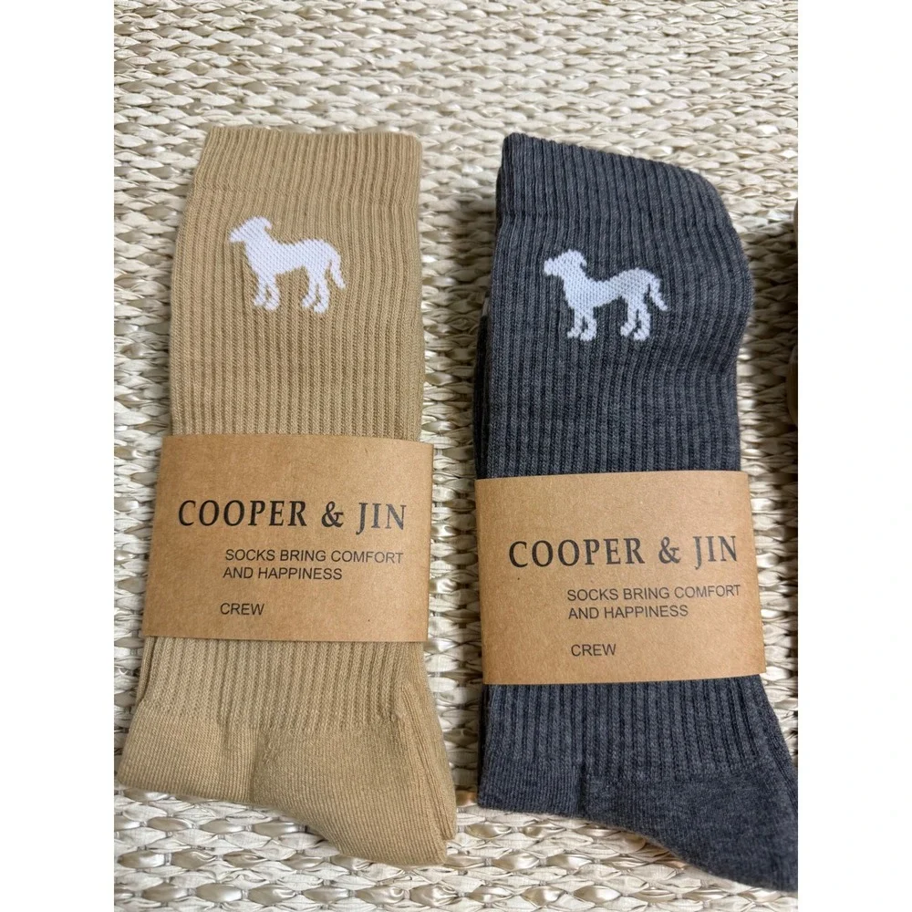 Cooper & Jin Crew Socks 4 Pair Set Khaki Dark Gray Cotton Blend Dog Logo Large